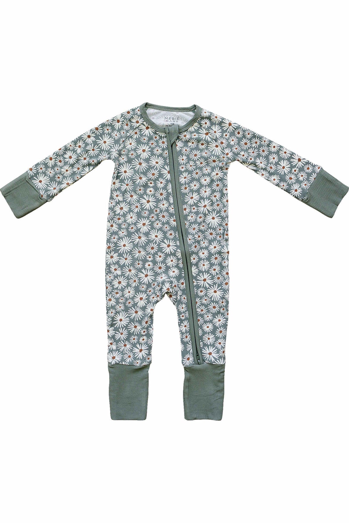 Dark Green Daisy Ribbed Zipper Pajama | Bamboo  | Baby Essentials