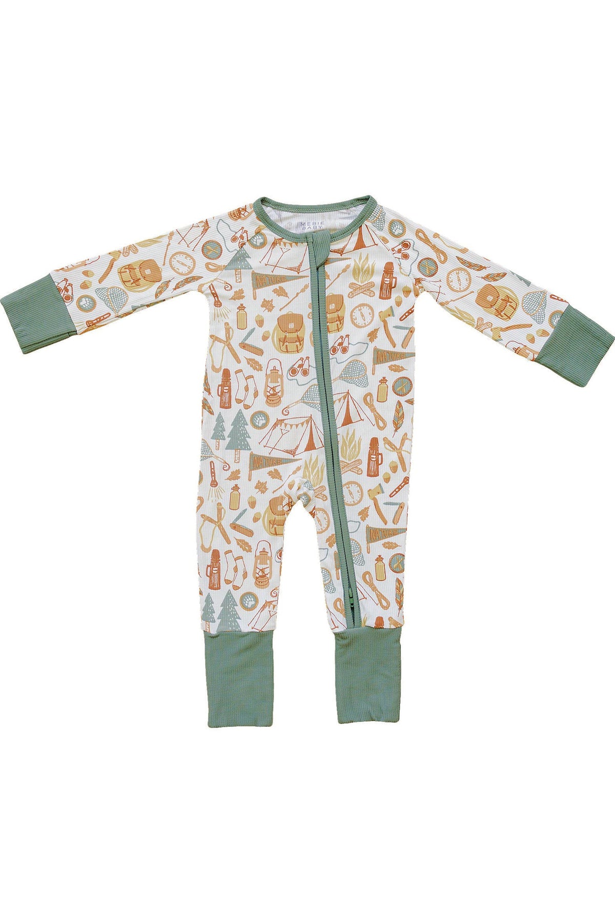 Baby pajama with camping-themed prints, featuring green cuffs, ribbed fabric, and a double zipper design for easy changes.