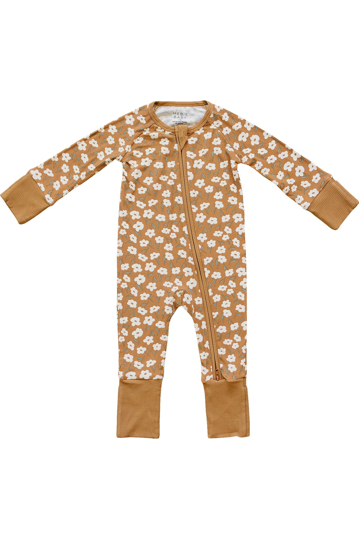 Mustard floral ribbed baby pajama with white flowers and a zipper, made from bamboo fabric by Mebie Baby.