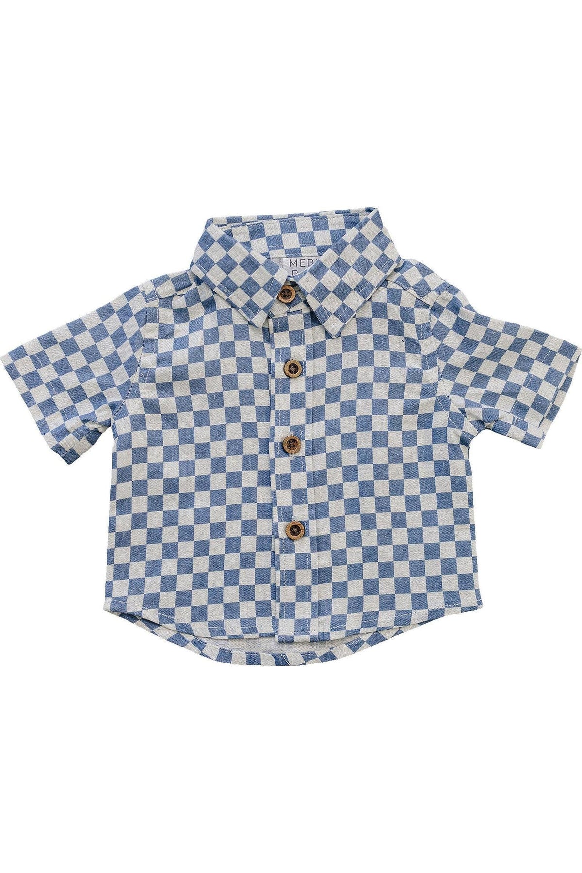 A blue checkered linen button-up shirt for boys, featuring a classic collar and wooden buttons. Ideal for ages 0-9, this stylish and comfortable shirt is perfect for warm weather.