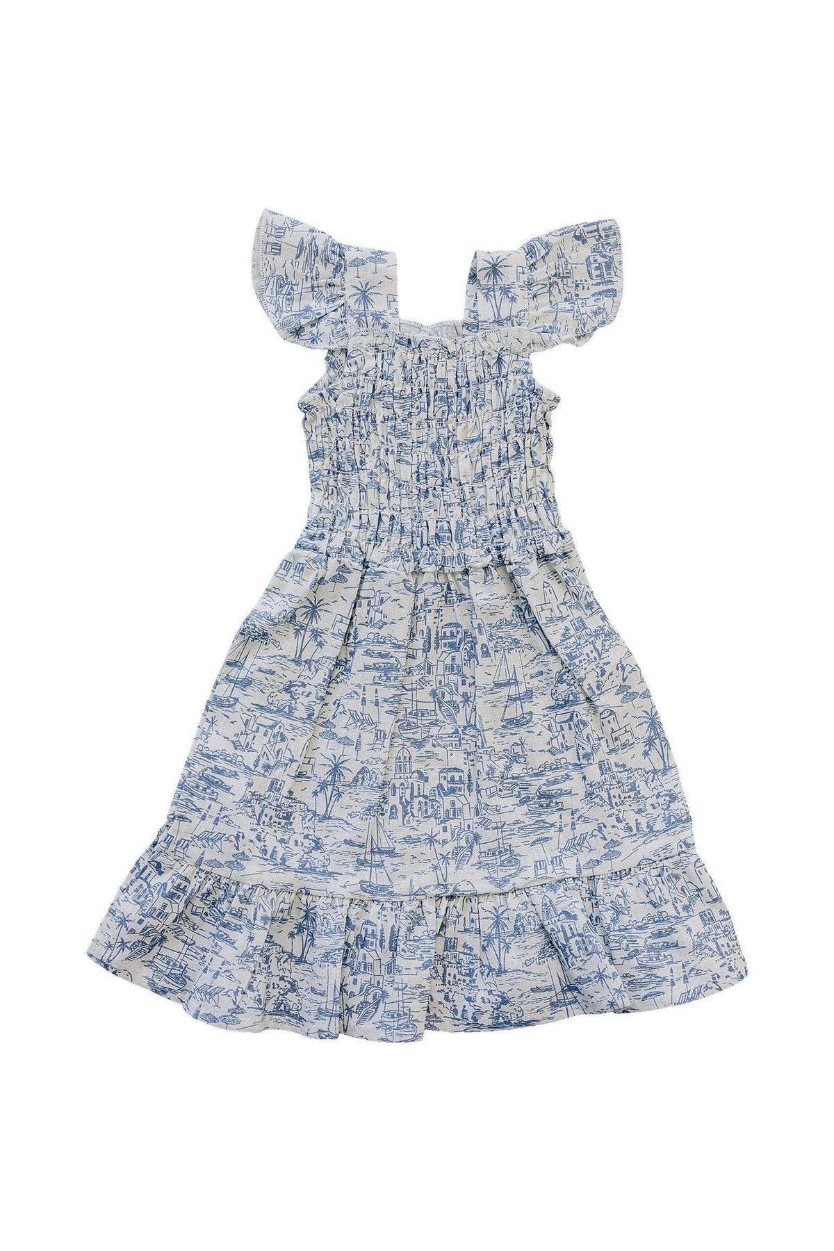 Lightweight Santorini blue linen dress featuring a smocked bodice and ruffled sleeves, perfect for sunny adventures. Ideal for young girls, this dress combines comfort and playful style.