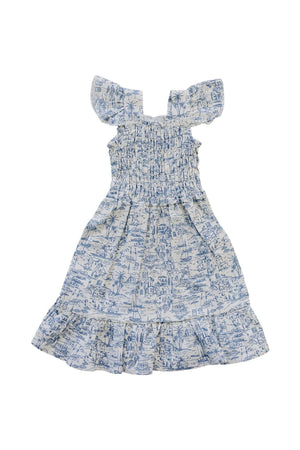 Lightweight Santorini blue linen dress featuring a smocked bodice and ruffled sleeves, perfect for sunny adventures. Ideal for young girls, this dress combines comfort and playful style.