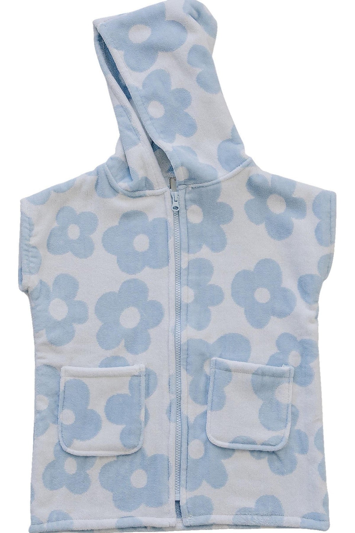 Light blue zip-up poncho featuring a floral pattern, made from soft organic cotton. This beach cover-up is designed for comfort and style, perfect for sunny days by the water.