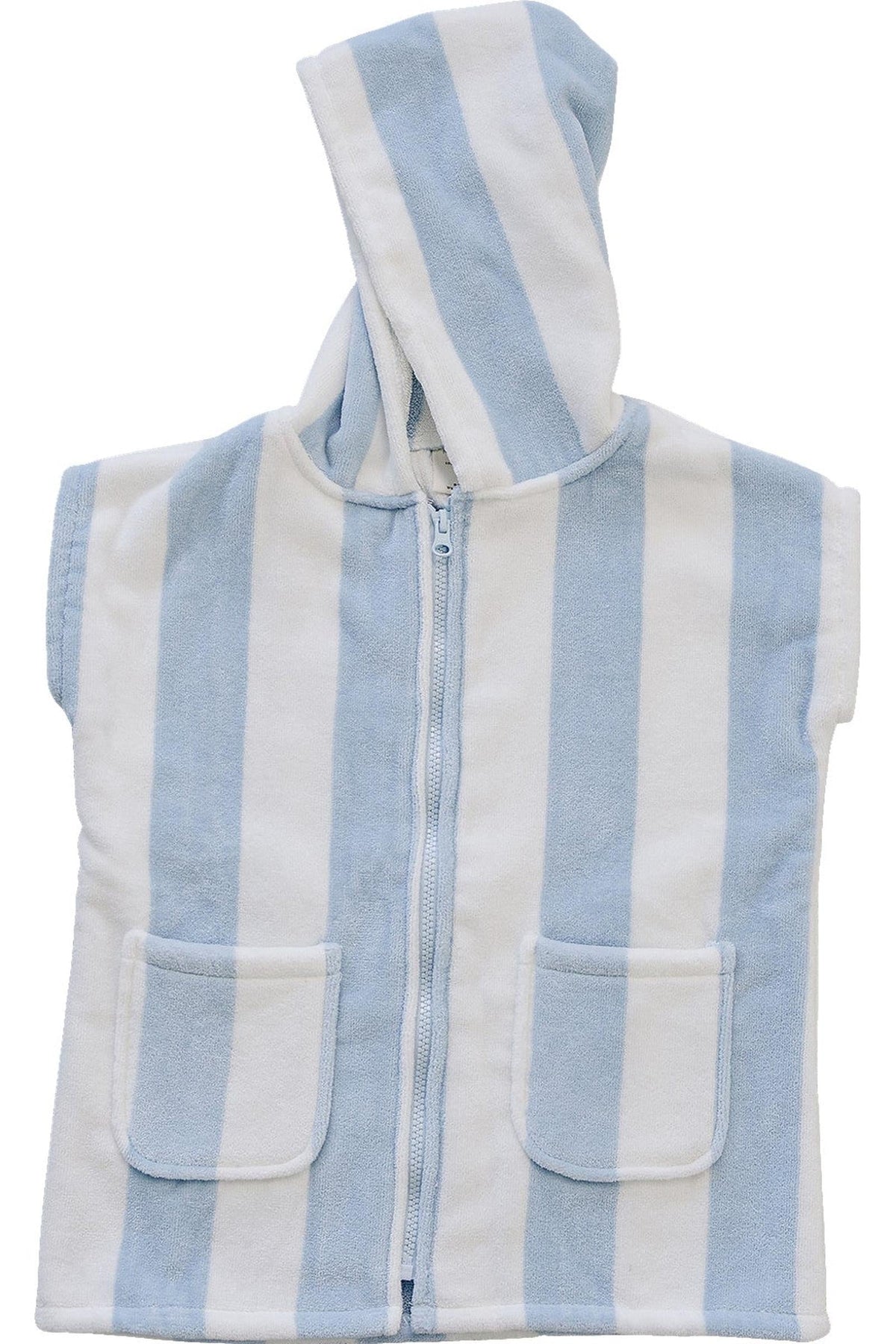 Light blue and white striped zip-up beach poncho made from soft, breathable organic cotton. It features a hood and two front pockets, perfect for kids after swimming.