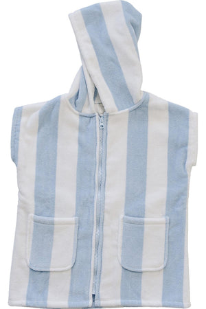 Light blue and white striped zip-up beach poncho made from soft, breathable organic cotton. It features a hood and two front pockets, perfect for kids after swimming.