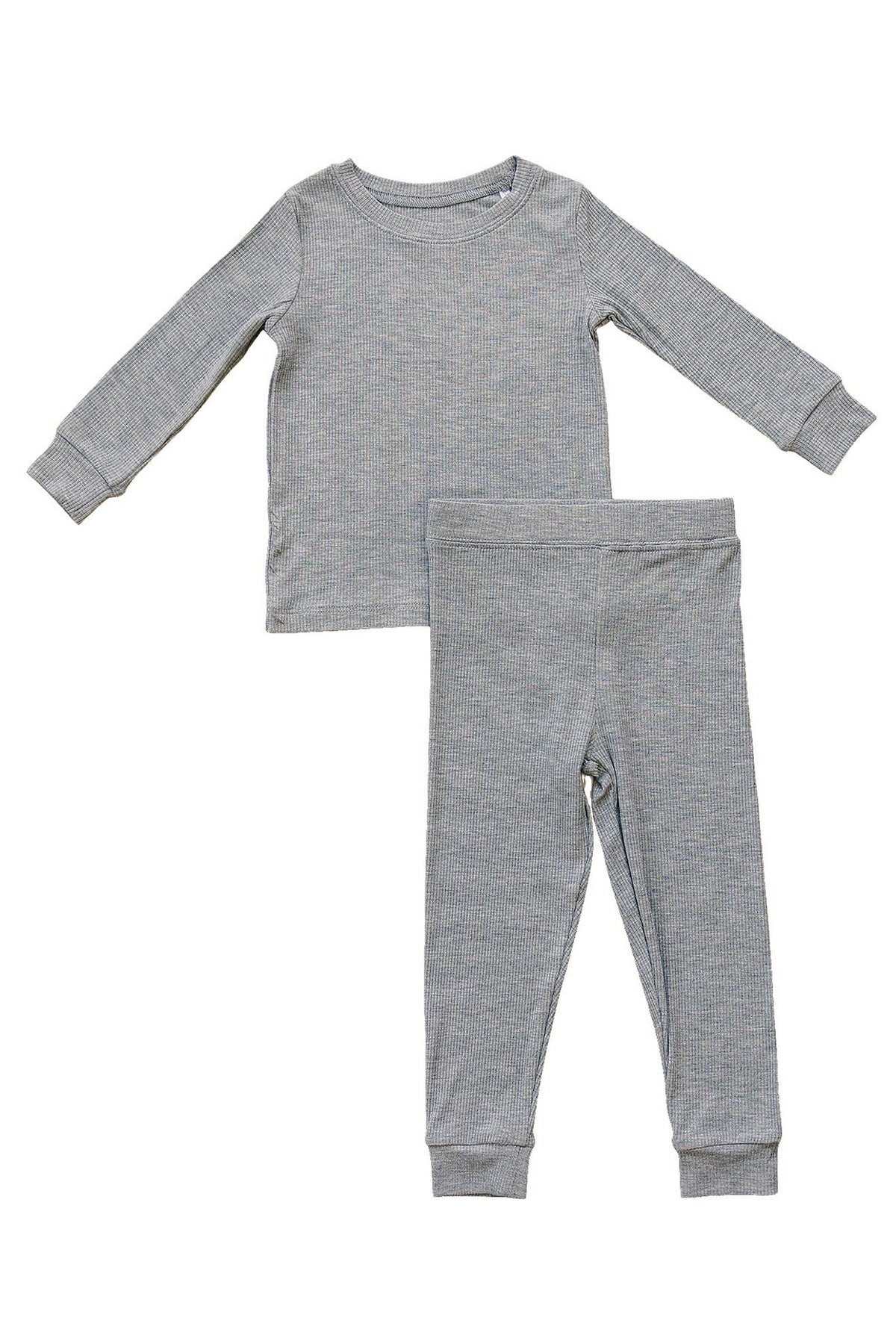 Heather grey ribbed pajama set for toddlers, featuring a long-sleeve top and matching pants. Made from soft fabric.