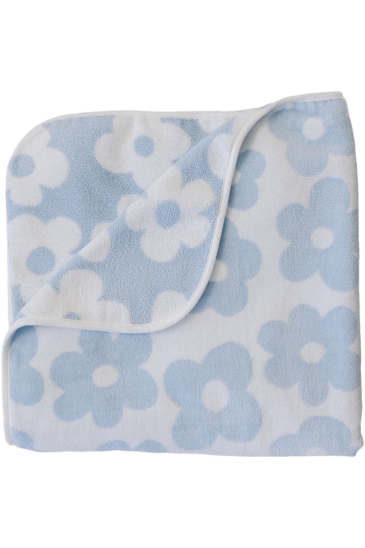Light blue and white beach towel featuring a soft floral pattern, made from 100% organic cotton. This eco-friendly towel is perfect for beach trips and cozy lounging.