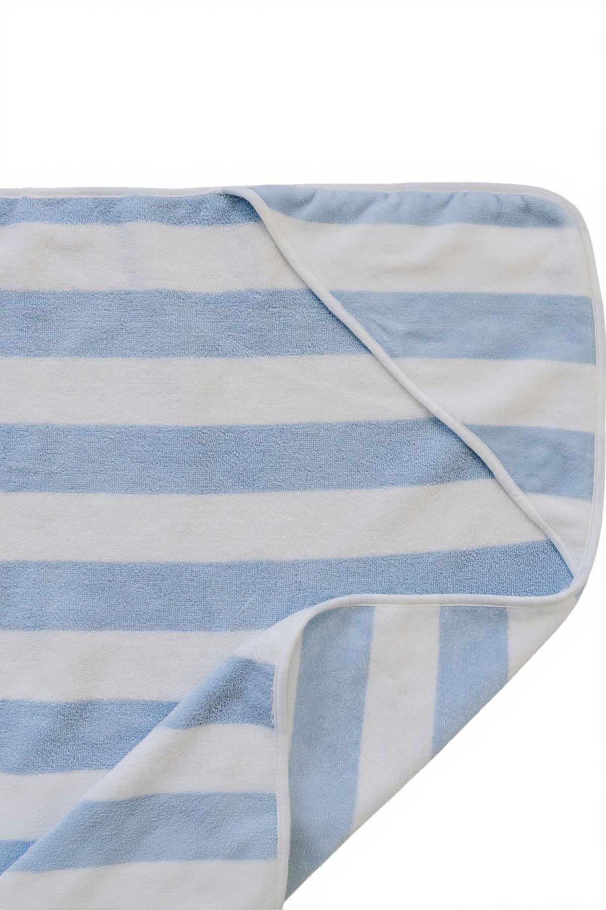 Light blue and white striped hooded towel made from soft, absorbent cotton. Ideal for keeping little ones warm and dry after bath time or beach days, featuring a cozy hood.
