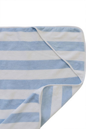 Light blue and white striped hooded towel made from soft, absorbent cotton. Ideal for keeping little ones warm and dry after bath time or beach days, featuring a cozy hood.
