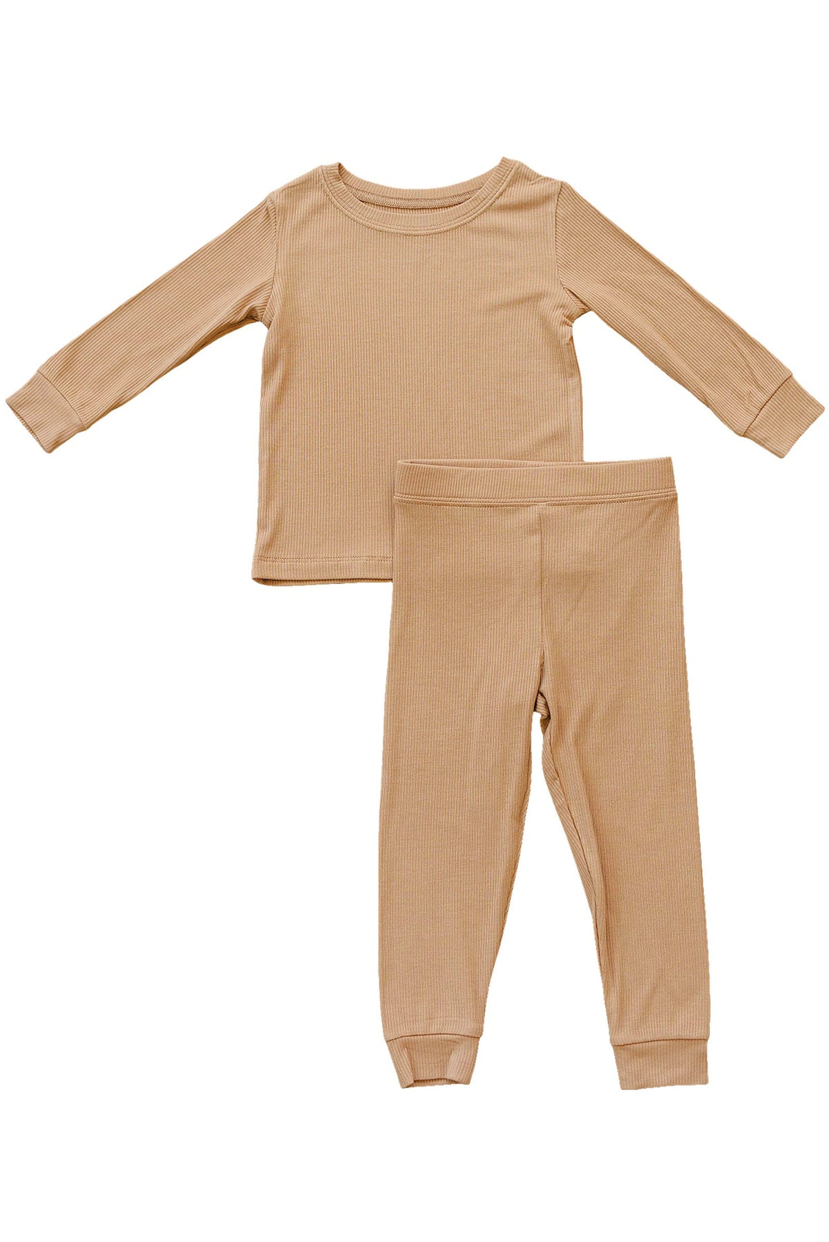Latte-colored ribbed pajama set with long sleeves and pants, made from bamboo fabric for toddlers.