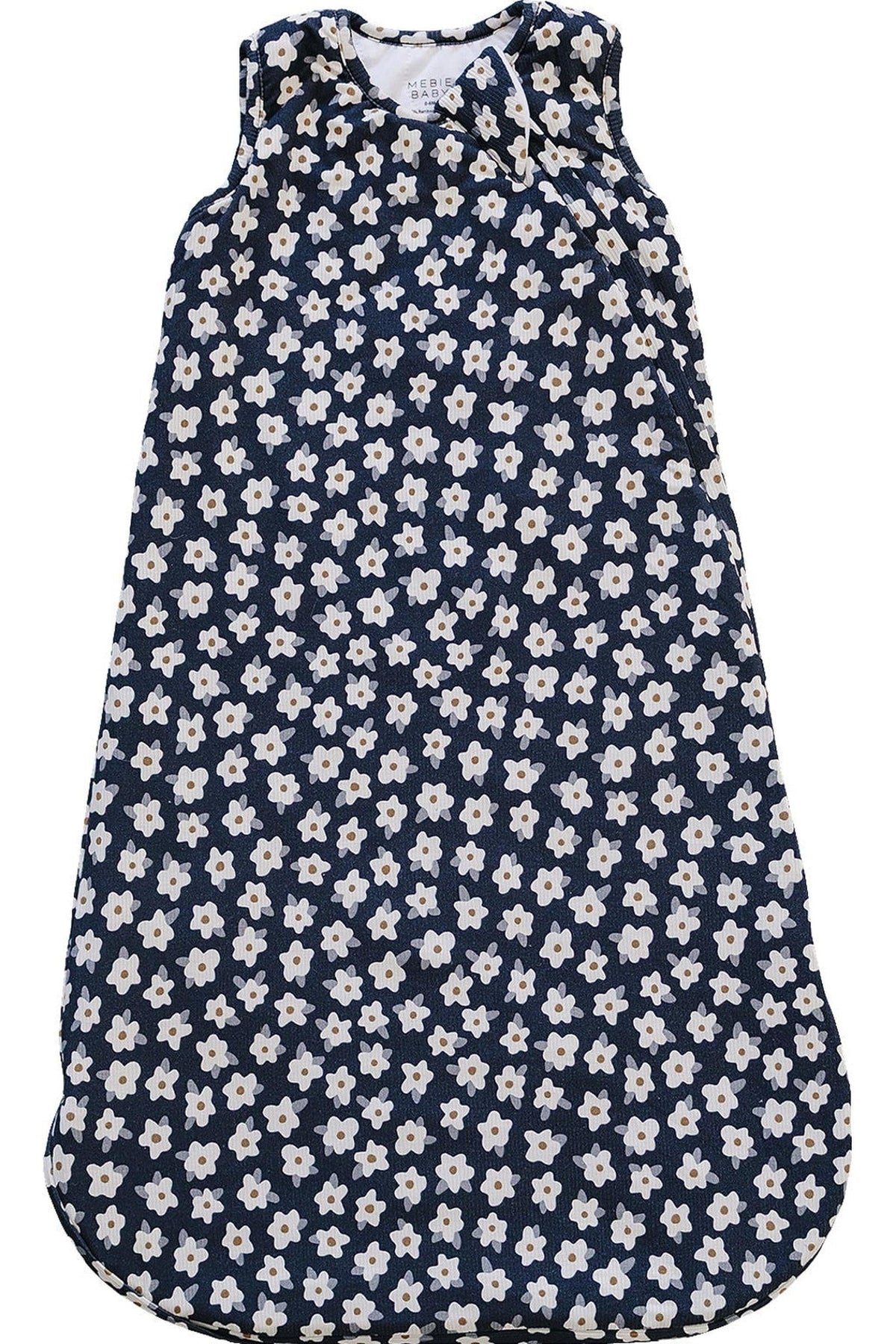 A navy sleep sack featuring a delicate daisy print, made from soft bamboo fabric. This cozy, breathable wearable layer is designed for babies to ensure comfort and warmth.