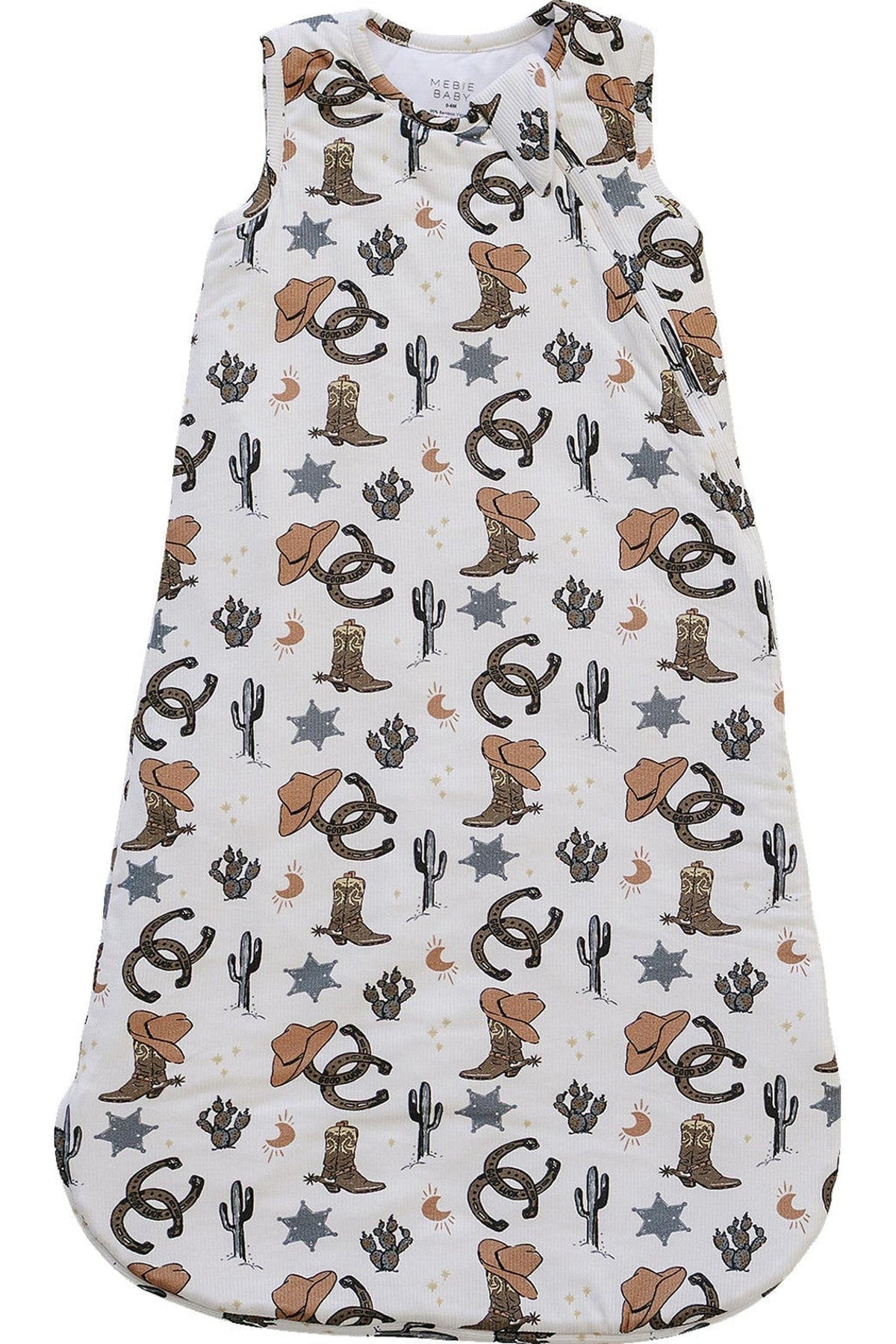 A soft bamboo sleep sack featuring a playful cowboy print, including hats, boots, and stars. This breathable, organic fabric is perfect for keeping babies cozy day and night.