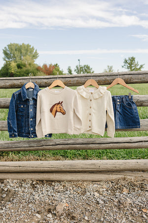 A denim jacket, a cream sweater with a horse design, a cream cardigan, and a denim skirt are displayed on wooden hangers against a rustic fence, with a green field.