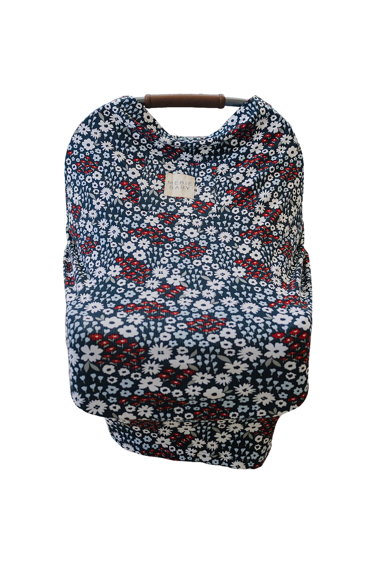 Floral-patterned Mebie Baby cover in blue, red, and white, designed for multi-use on car seats.