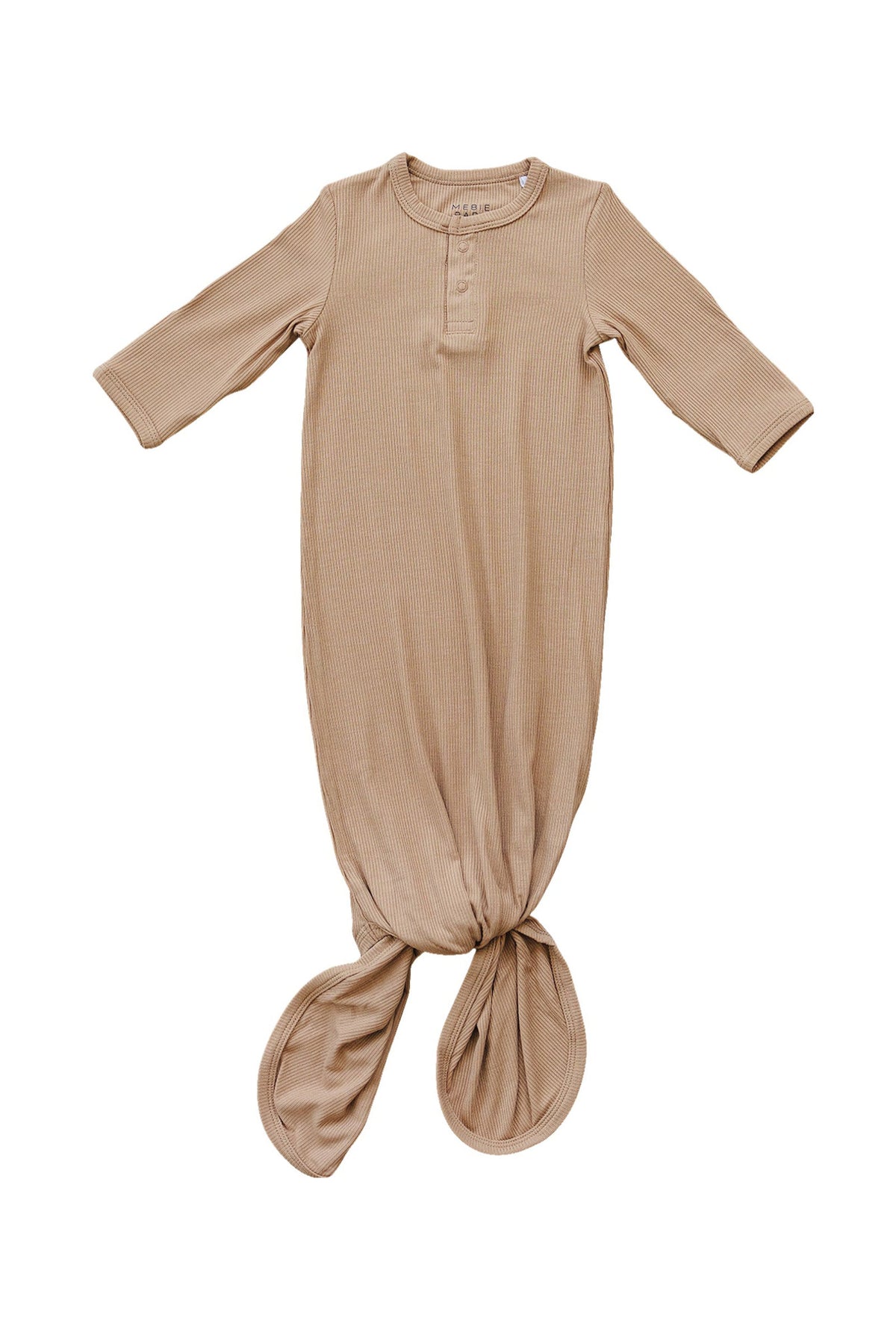 Light brown ribbed bamboo knot gown for babies, featuring long sleeves and a convenient knot design at the bottom. Ideal for keeping little ones stylish and comfortable all day.