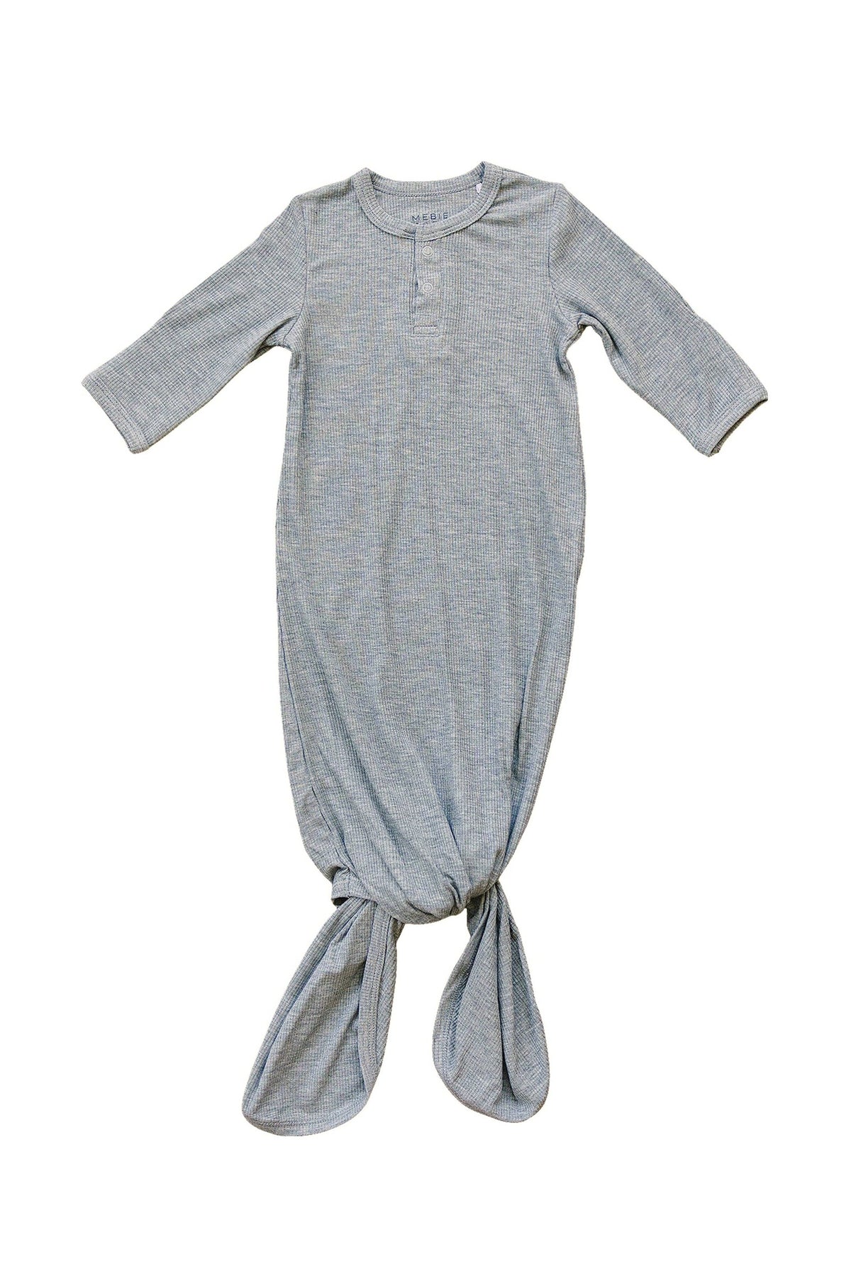 Heather grey ribbed baby gown with long sleeves and a knotted bottom, made of soft bamboo fabric.