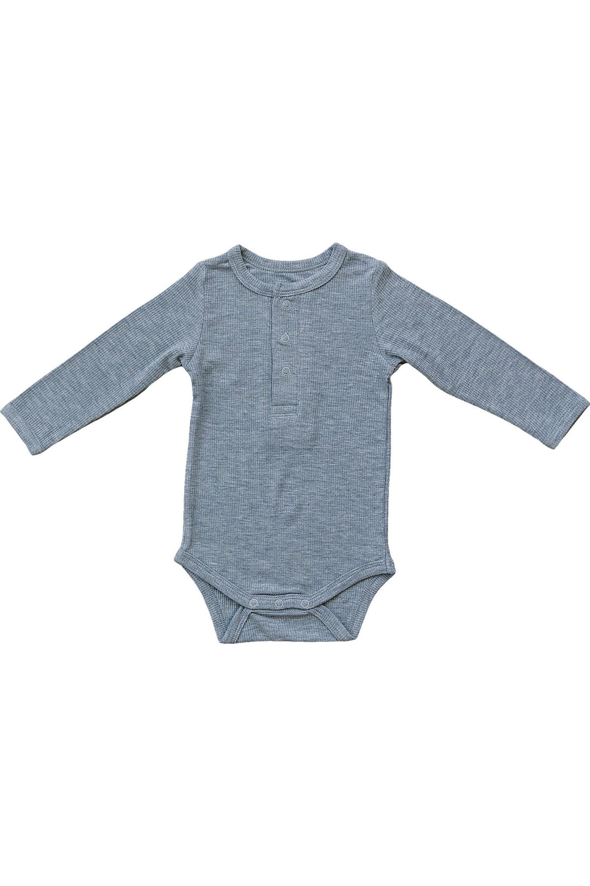 Heather grey long sleeve ribbed bodysuit with snap closures, made from soft bamboo fabric. Eco-friendly baby clothing.