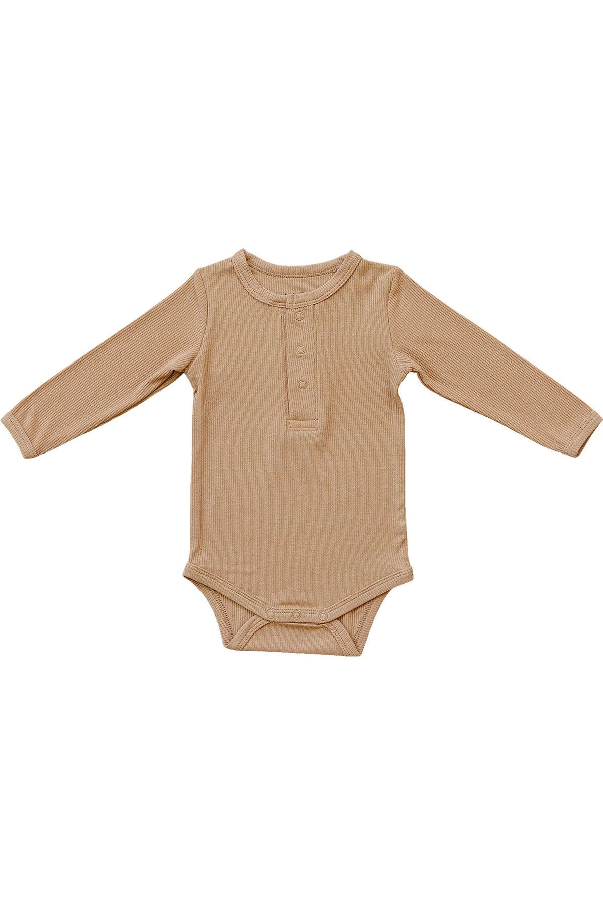 Beige long sleeve ribbed baby bodysuit with snap closures, crafted from soft bamboo fabric. Suitable for gender-neutral wear.