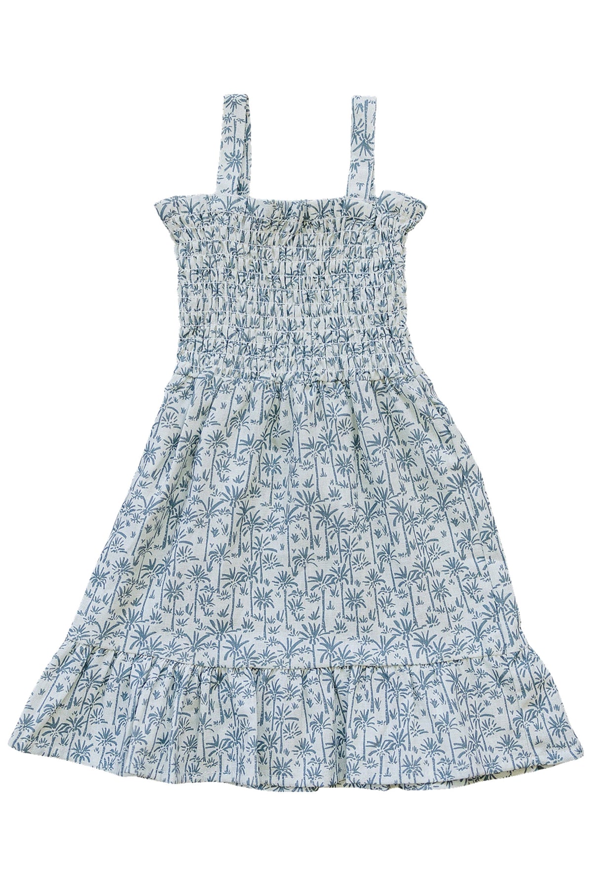 Light blue linen dress featuring a palm tree print and ruffled hem, suitable for babies and toddlers.