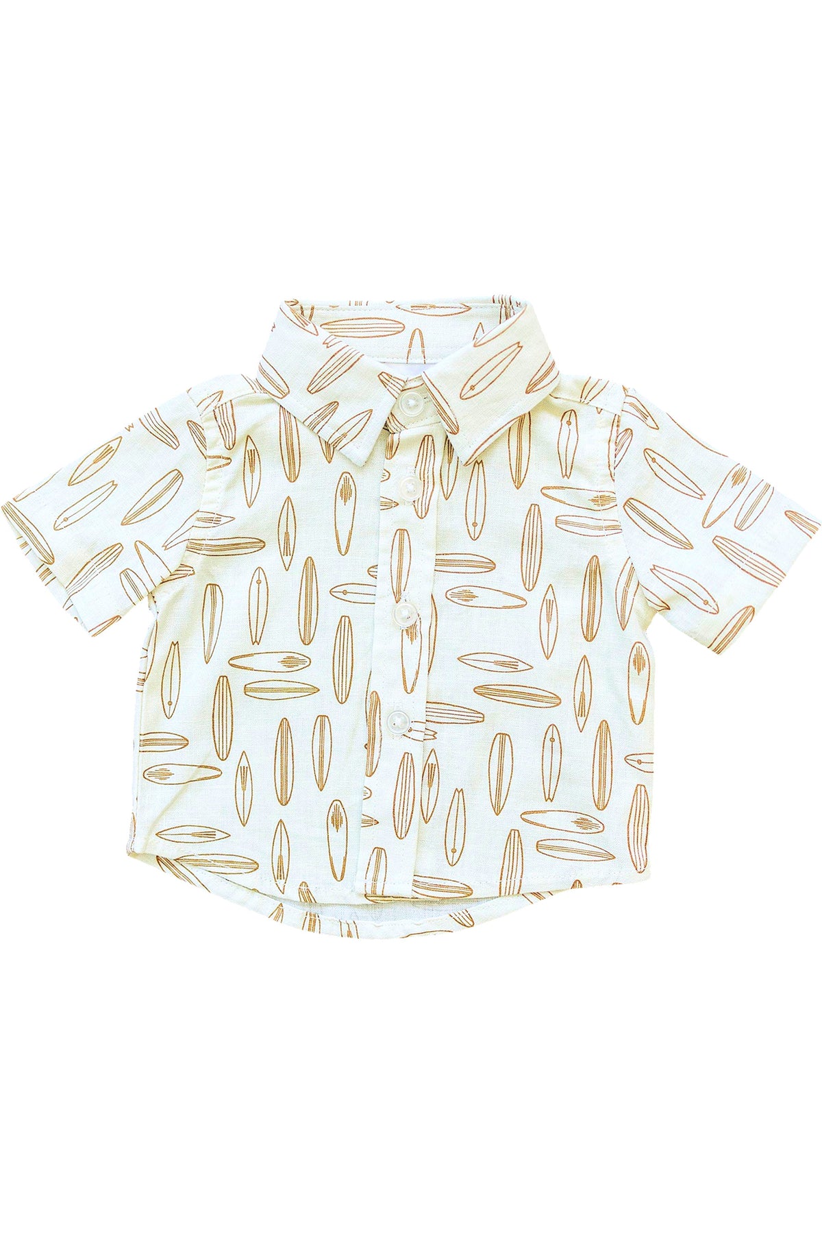 White button-up shirt with brown surfboard print, short sleeves, and a collar, made from linen-rayon blend.