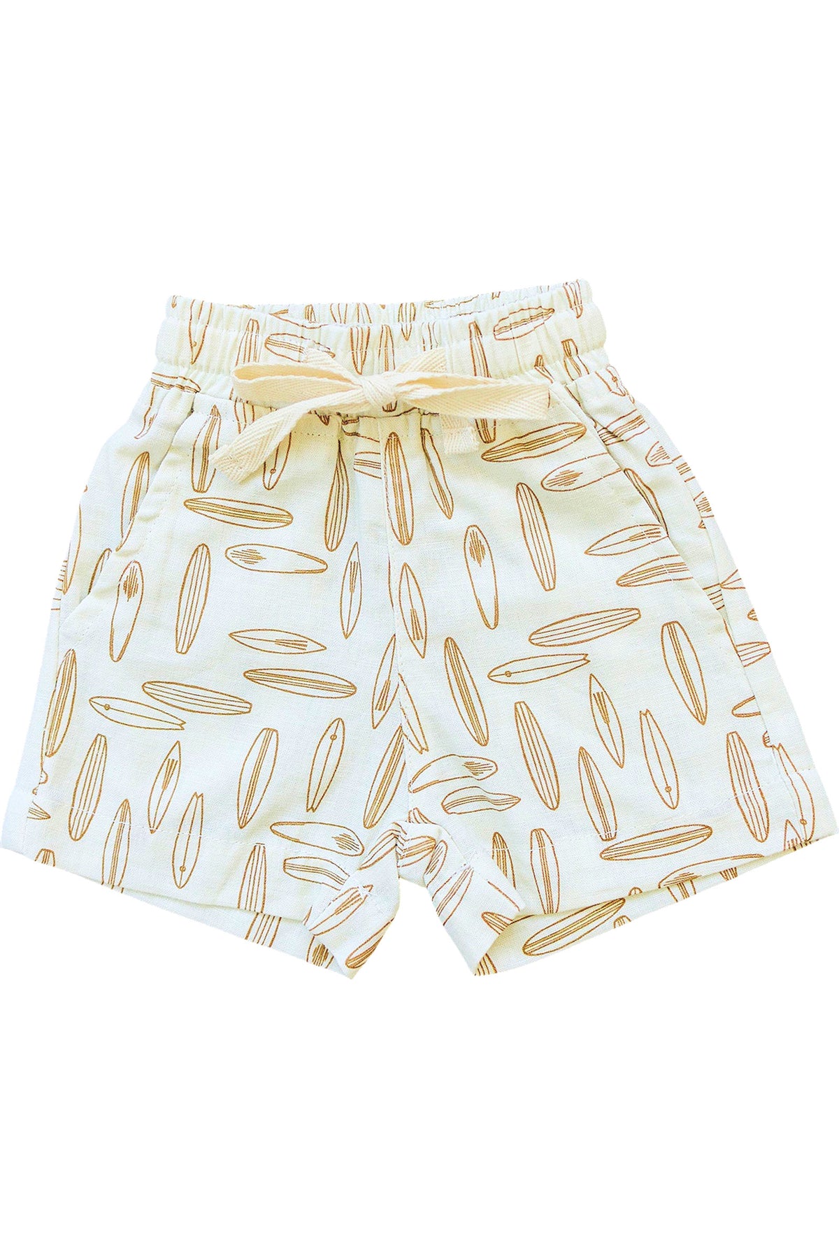 White shorts with brown surfboard pattern, featuring an elastic waistband and drawstring. Made from lightweight, breathable fabric.