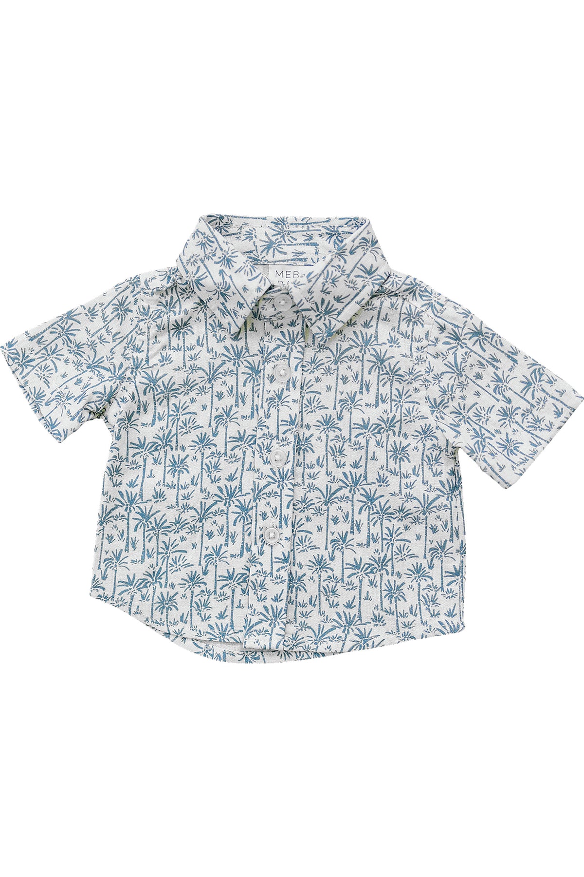 White button-up shirt with blue palm tree pattern, short sleeves, and collar, designed for babies and toddlers.