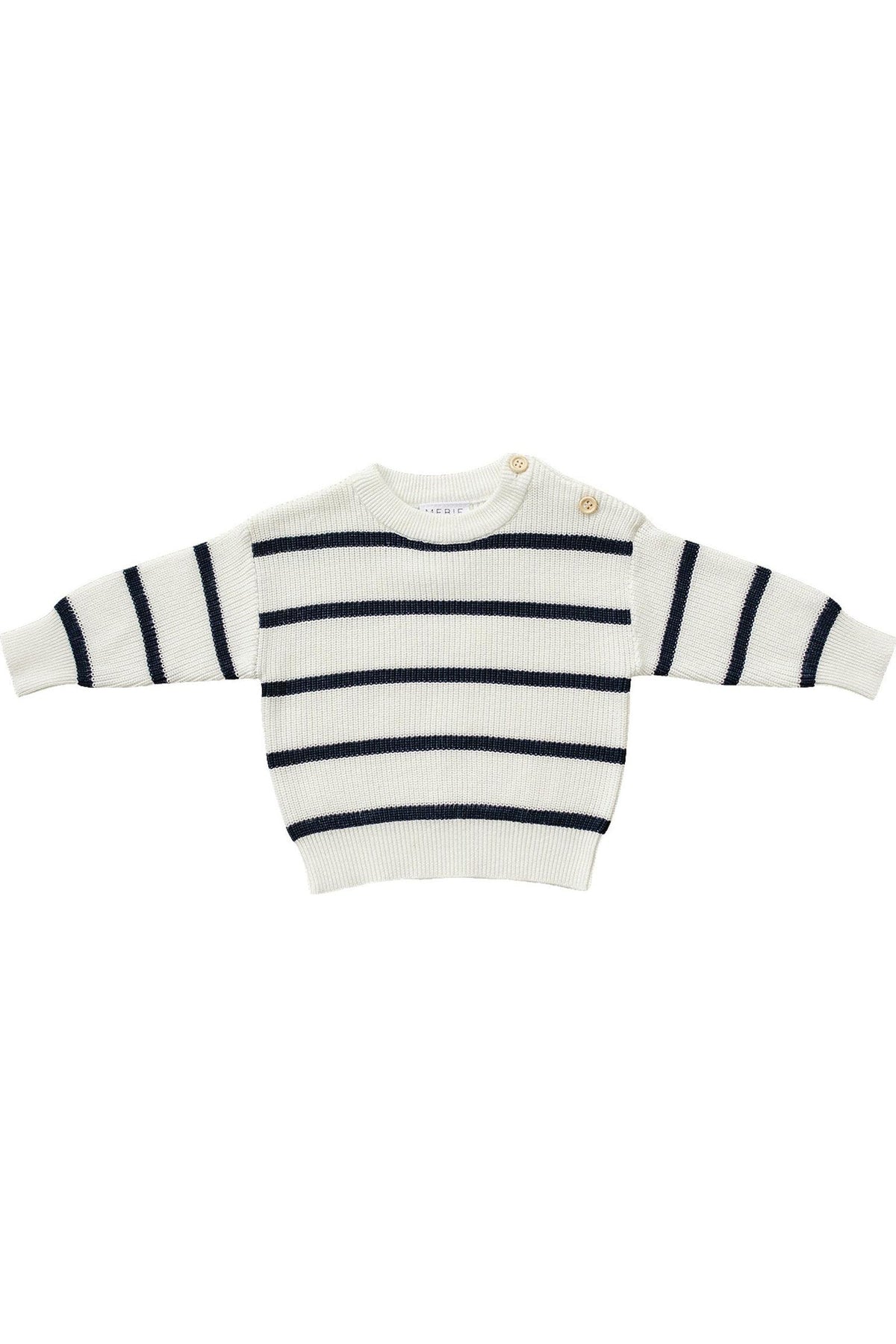 White knit sweater with navy stripes and wooden buttons on the shoulder, suitable for babies and toddlers.
