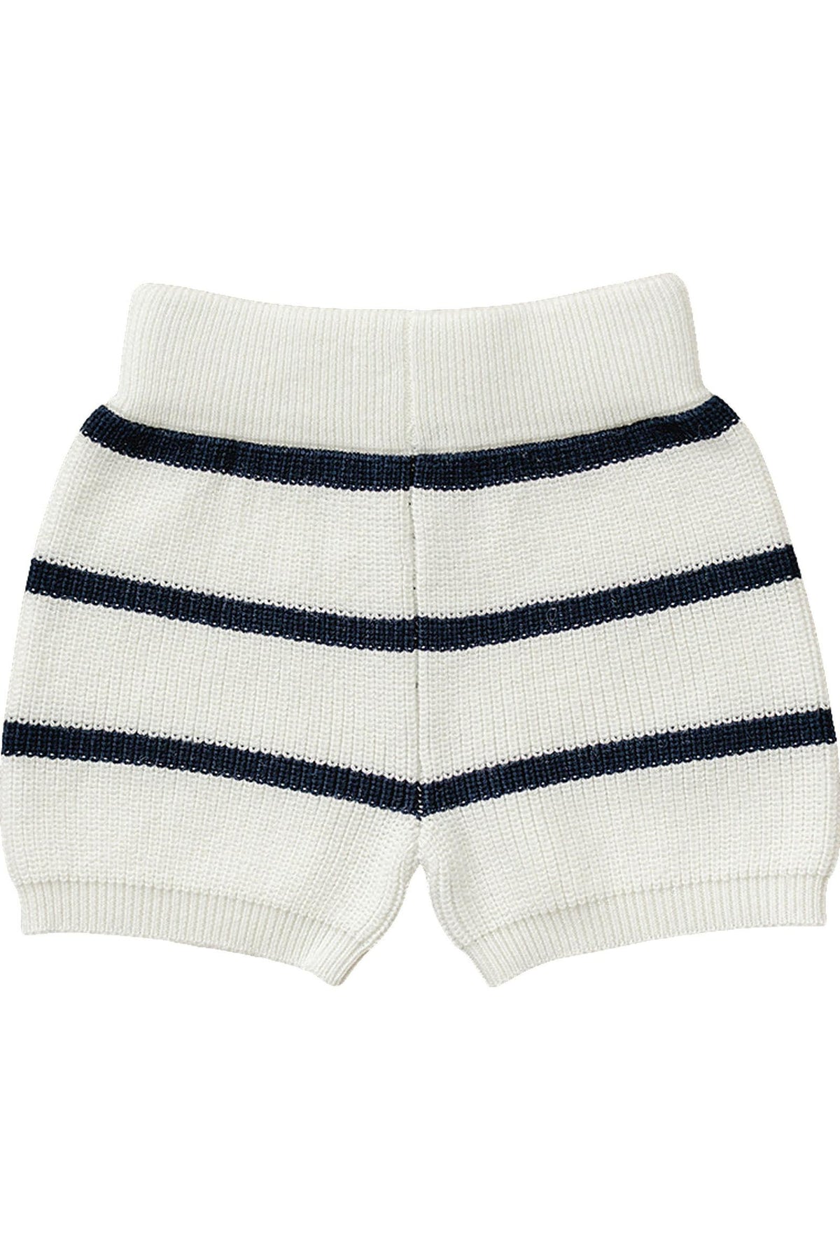 White knit shorts featuring navy stripes, made from 100% cotton, designed for babies and toddlers.