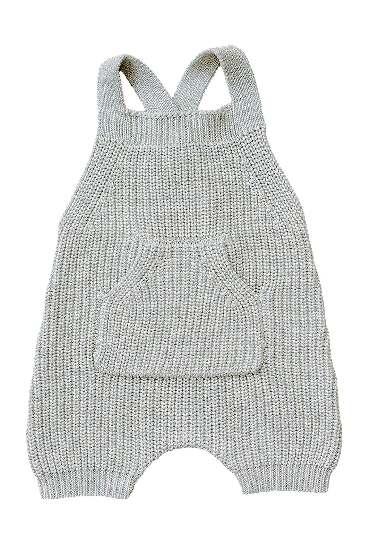 Heather grey knit baby overalls with a front pocket and cross-back straps, made from 100% cotton.