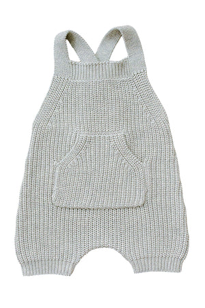 Heather grey knit baby overalls with a front pocket and cross-back straps, made from 100% cotton.