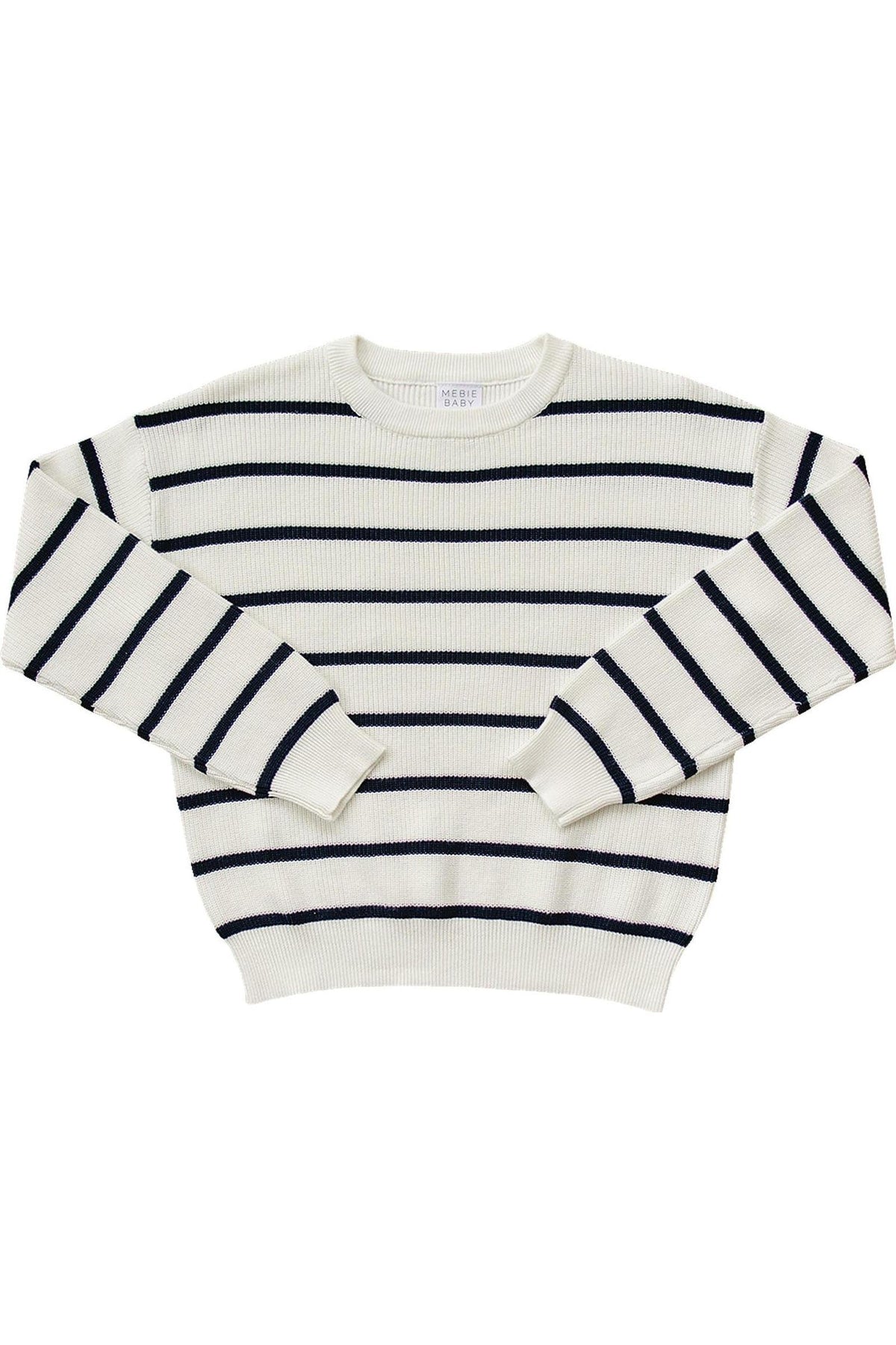 White knit sweater with navy stripes, featuring long sleeves and a round neckline, made from 100% cotton.