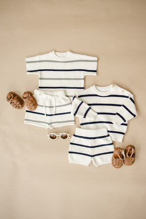 Sage + Navy Stripe Knit Modern Shorts Set | Gender Neutral | 100% Cotton