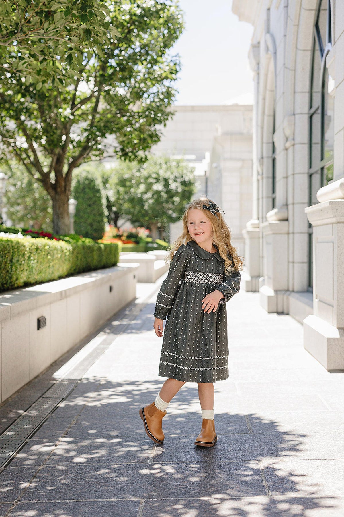 Mebie Baby  Dark Green Tulip Smocked Peter Pan Collar Dress | Cotton