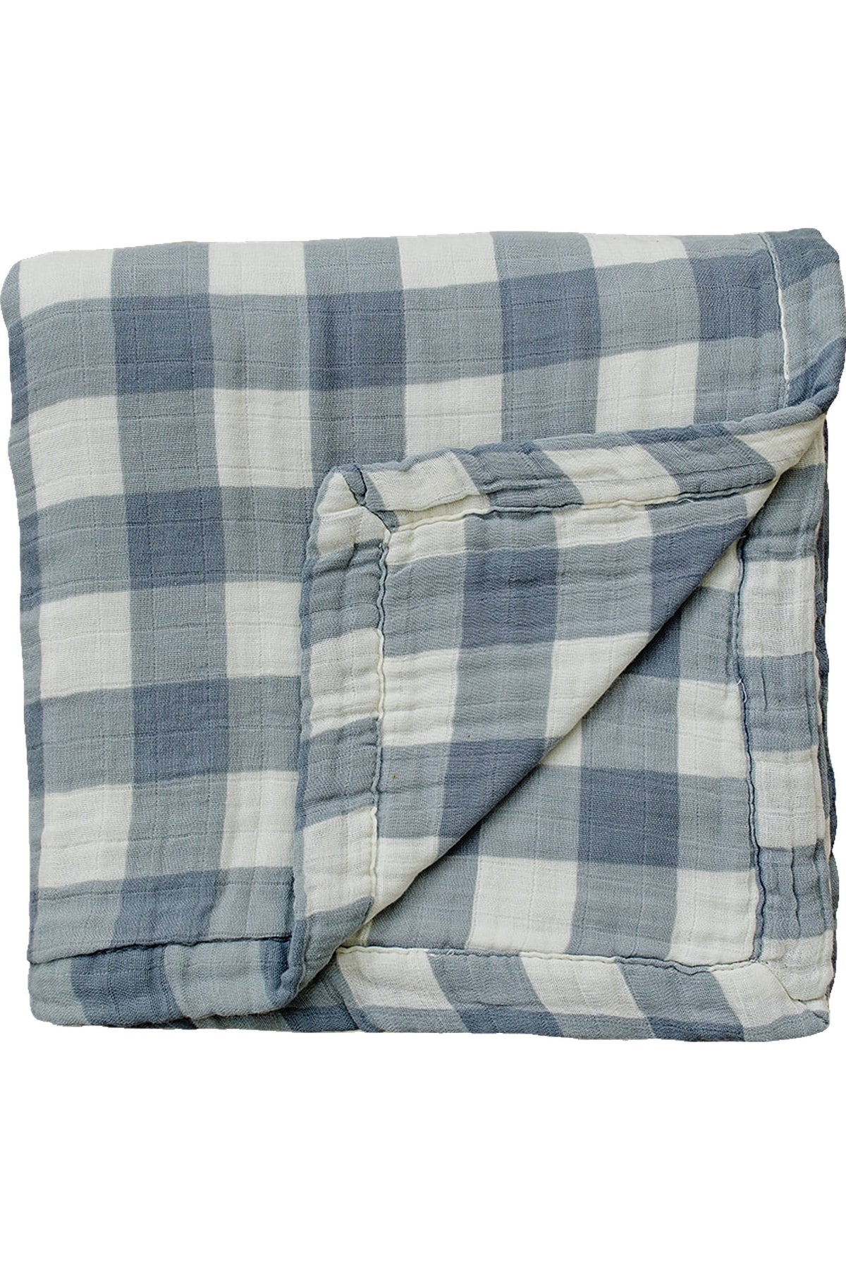 Folded dusty blue gingham muslin swaddle blanket made from 100% cotton, showcasing a soft and cozy texture.