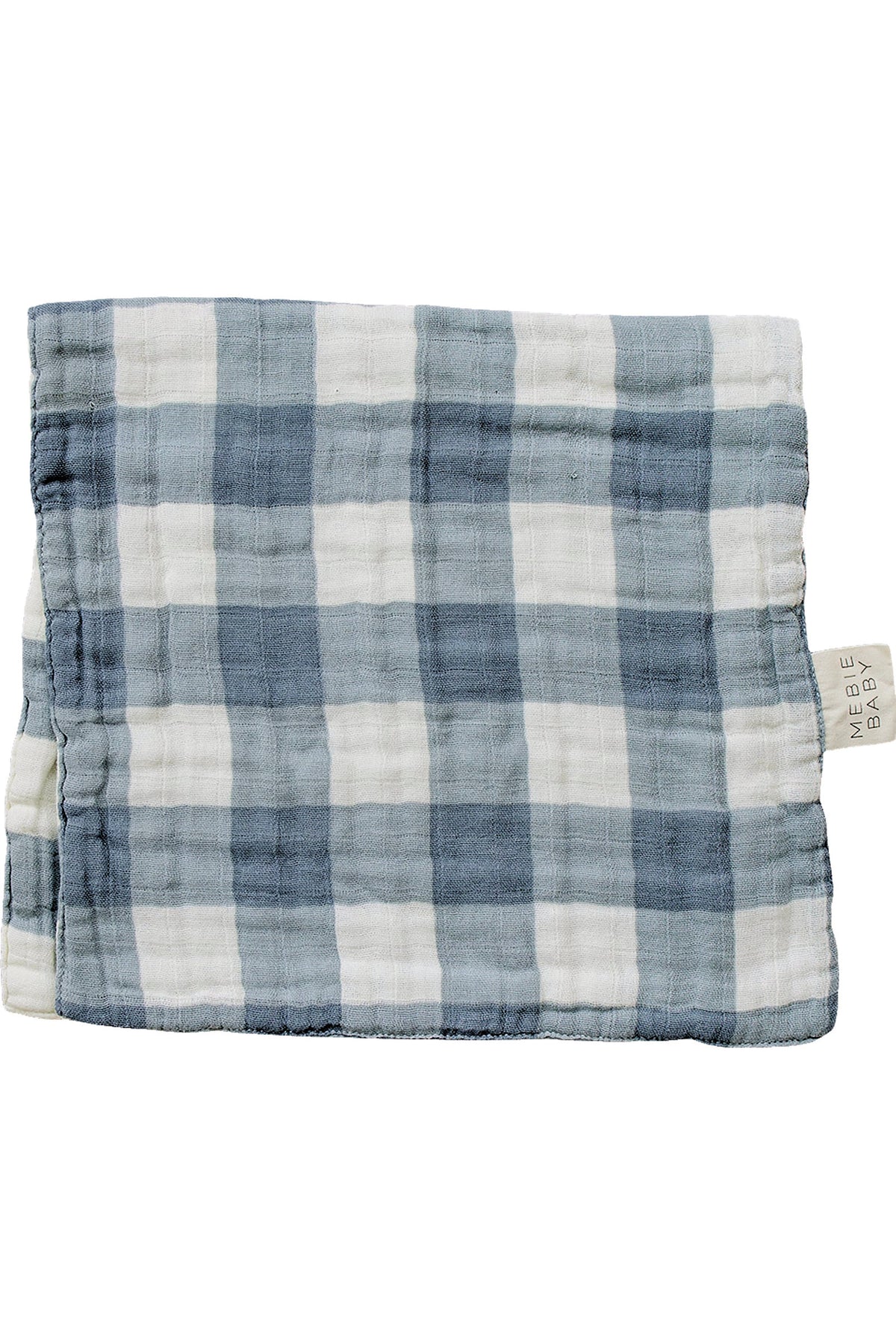 Dusty blue and white gingham muslin burp cloth with Mebie Baby tag, made from 100% cotton fabric.