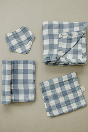 Dusty Blue Gingham Classic Muslin Bib | 100% Cotton | Baby Essentials