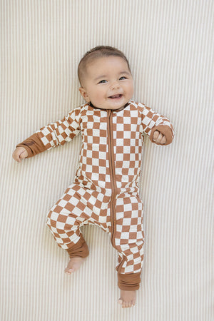 Rust Checkered Ribbed Zipper Pajama | Bamboo  | Baby Essentials