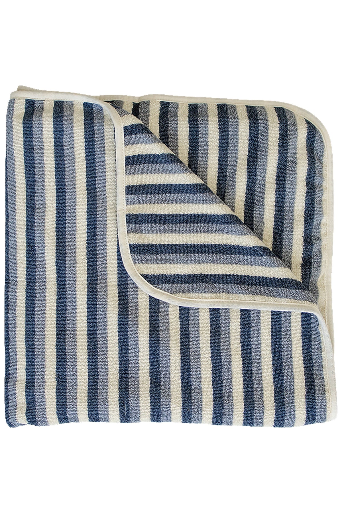 Navy and cream striped towel with rounded corners, folded to reveal soft texture. Made from organic cotton material.