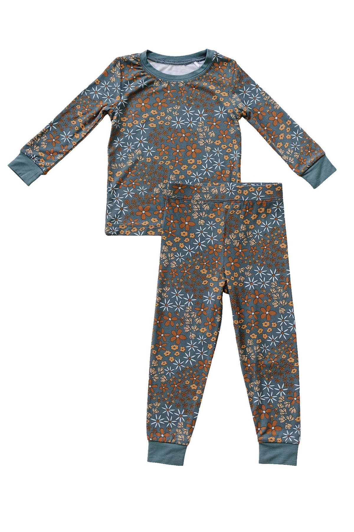 Navy pajama set with floral pattern, featuring long sleeves and pants, made from soft bamboo fabric.