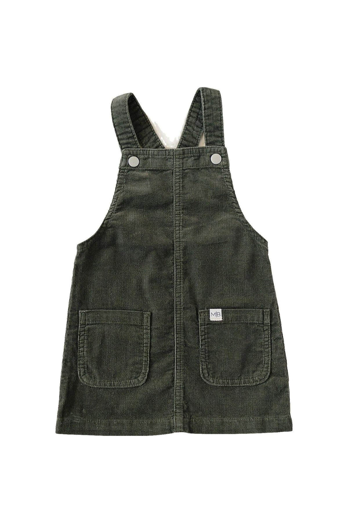 Dark green corduroy baby dress with front pockets and buttoned straps, made from 100% cotton.