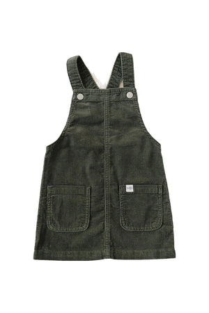 Dark green corduroy baby dress with front pockets and buttoned straps, made from 100% cotton.