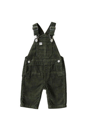 Dark green corduroy baby overalls with adjustable straps and front pocket, made from soft cotton fabric.