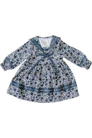 Mebie Baby floral sailor dress in blue and white cotton, featuring a vintage-inspired collar and long sleeves.