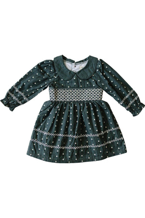 Mebie Baby  Dark Green Tulip Smocked Peter Pan Collar Dress | Cotton