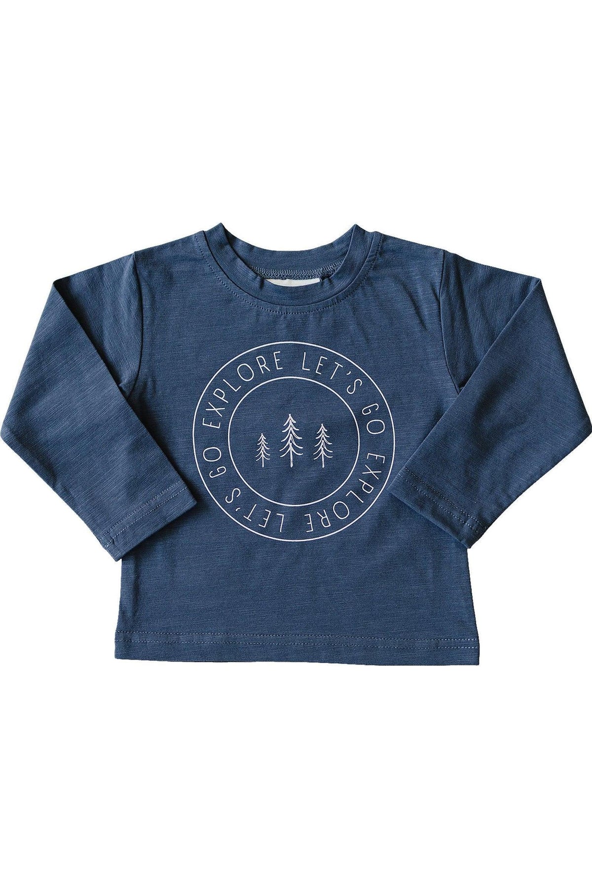 Navy long sleeve cotton t-shirt with Lets Go Explore text and tree design, suitable for babies and toddlers.