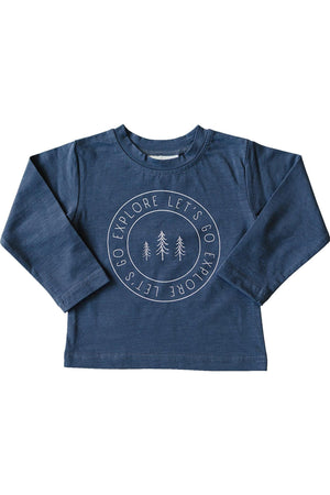 Navy long sleeve cotton t-shirt with Lets Go Explore text and tree design, suitable for babies and toddlers.