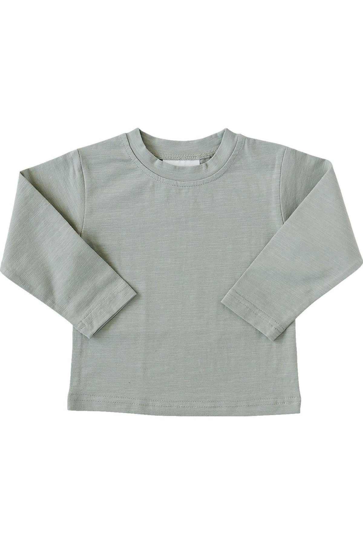 A sage green long sleeve cotton t-shirt for babies and toddlers, featuring a simple, classic design.