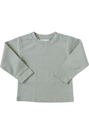 A sage green long sleeve cotton t-shirt for babies and toddlers, featuring a simple, classic design.