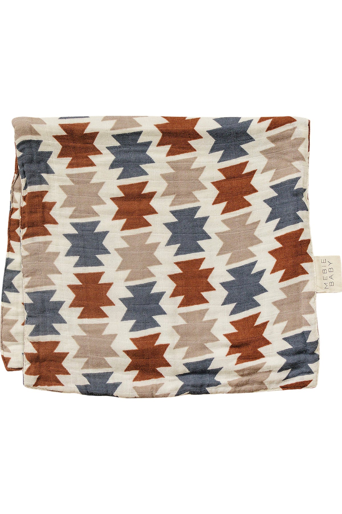 Soft, absorbent muslin burp cloth featuring a stylish Western Aztec design in earthy tones of brown, blue, and cream. Made from 100% cotton, perfect for keeping babies clean during feeding.