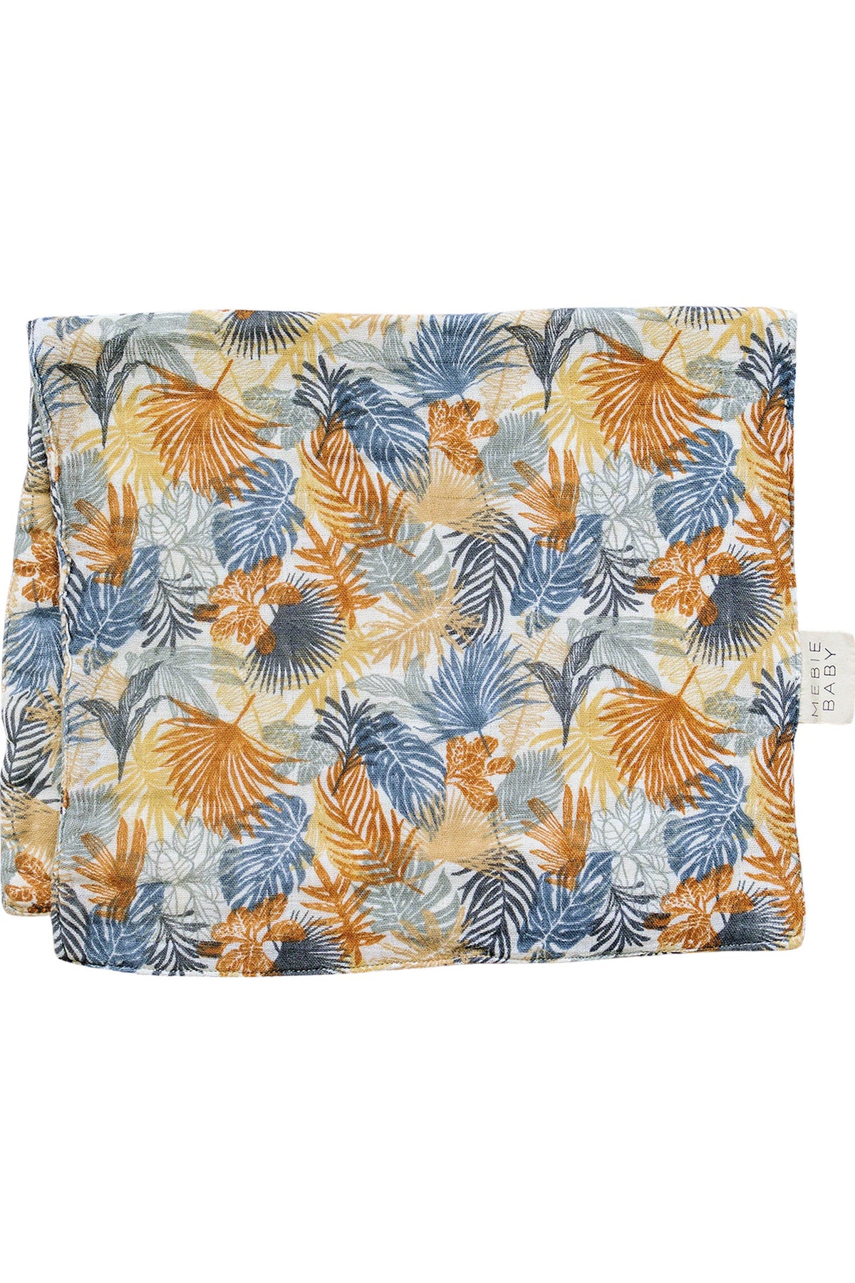 Mebie Baby Paradise Palms Muslin Burp Cloth featuring vibrant orange, blue, and yellow palm leaf patterns on cotton fabric.